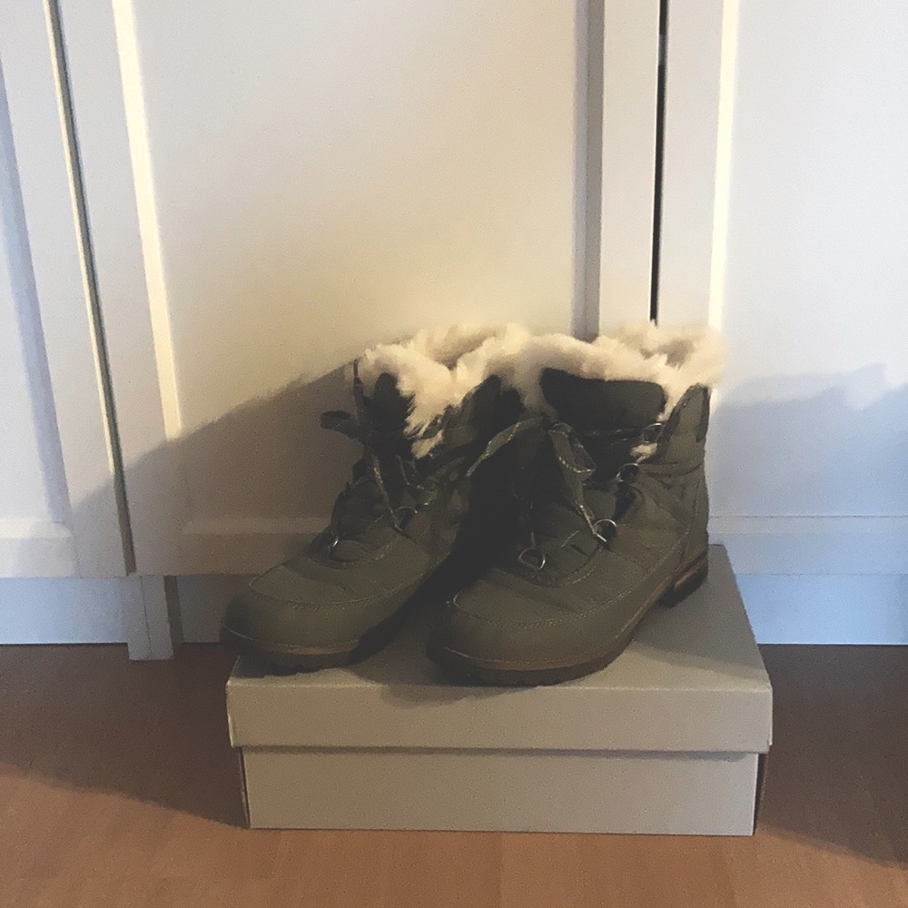 Women’s cute grey winter boots with fur inside.